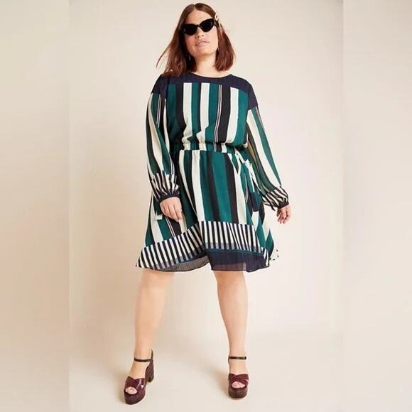 Anthropologie Dresses & Skirts - [Anthropologie] Sunday in Brooklyn Striped Green Leger Dress Long Sleeve Size XL